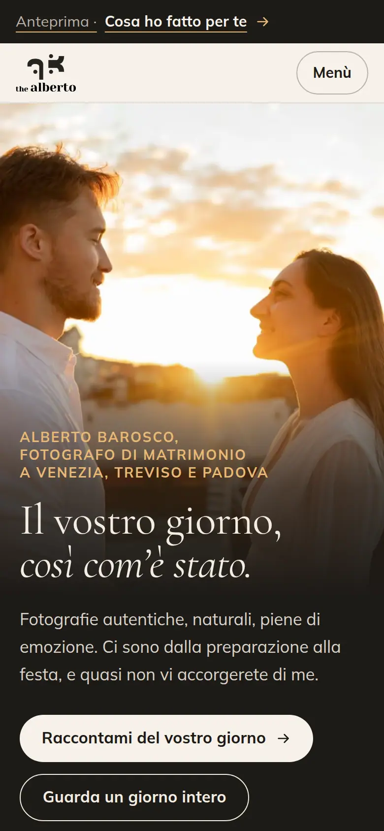 La prima schermata della home rifatta al telefono: Sam e Angelica a Venezia all’alba, chi sei, dove lavori e il bottone per scriverti